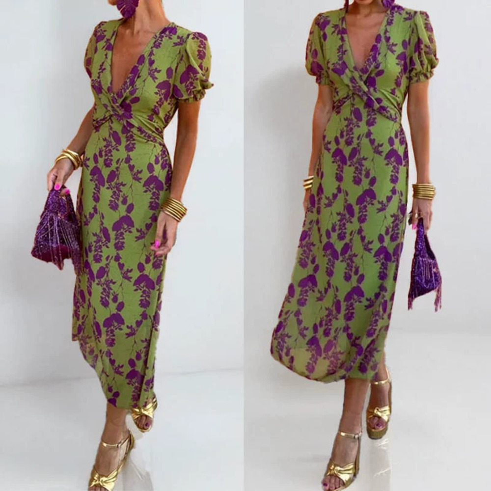 ZARA Summer Fashion Print Ruffle Collar Fitted Waist Slim Dress